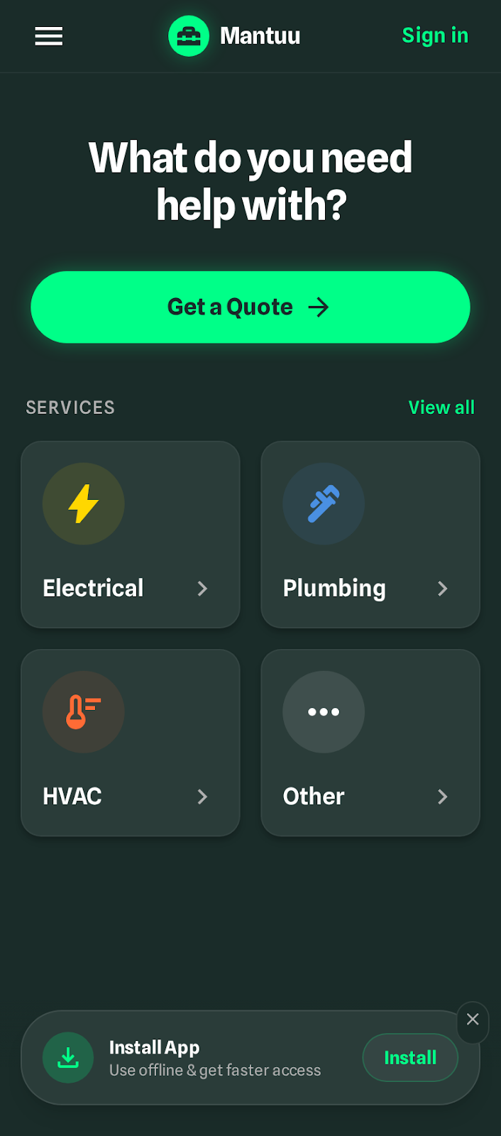 Mantuu app home screen showing home service categories and marketplace entry